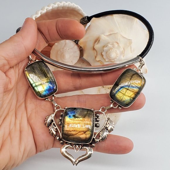 Handmade Artisan Jewelry - Leather/Silver Necklace Genuine Labradorite Stone